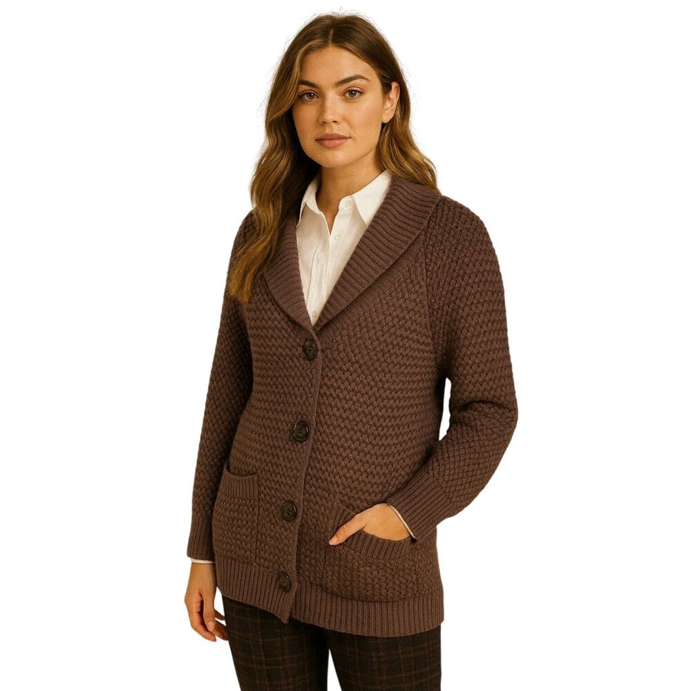 Classic Shawl Collar Buttoned Cardigan Sweater Medium‎ Brown Cotton Blend Preppy